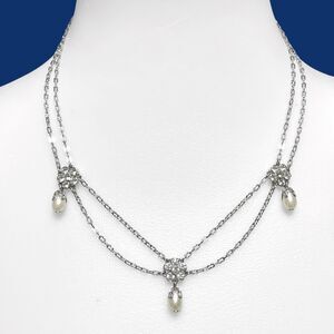 Vintage Necklace Silver Tone Rhinestone Imitation Pearl Romantic Swag Bridal 18"